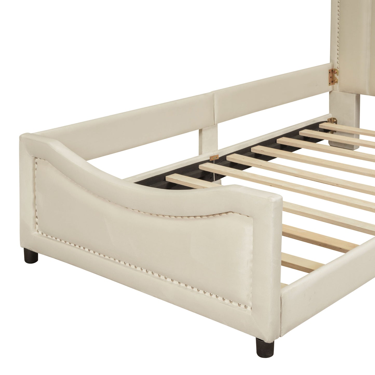 Twin Size Upholstered Daybed With Classic Stripe Shaped Headboard - Beige