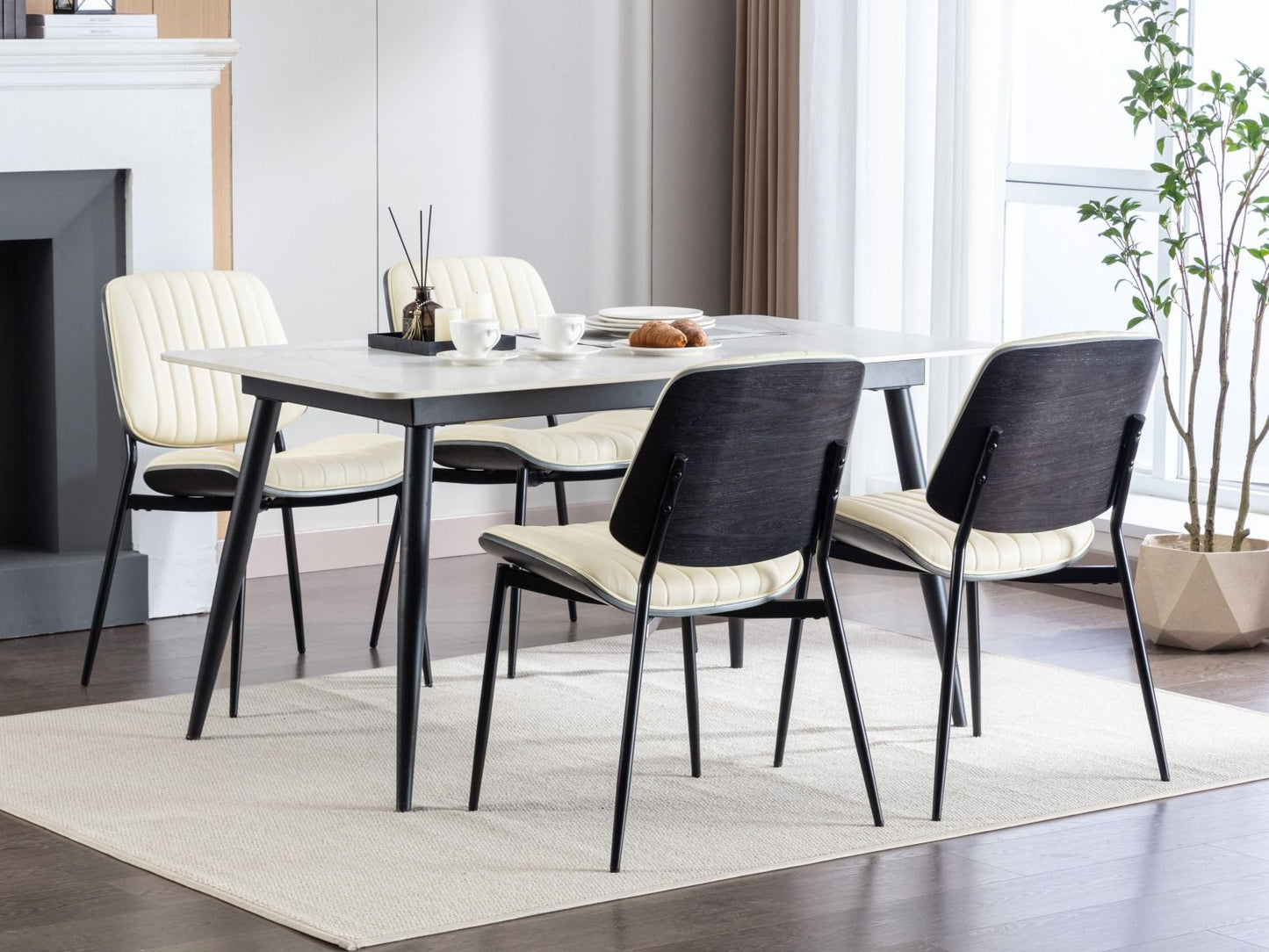 Dining Chairs Mid-Century Modern Retro Faux Leather Chair With Walnut Bentwood Back Upholstered Seat Metal Legs Adjustable Foot For Kitchen Dining Room Chairs (Set of 2) - Beige