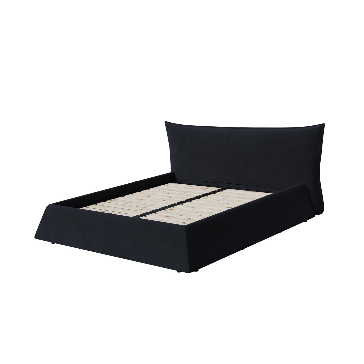 King Size Upholstered Platform Bed With Special Shaped Velvet Headboard, Metal & Solid Wood Frame - Black