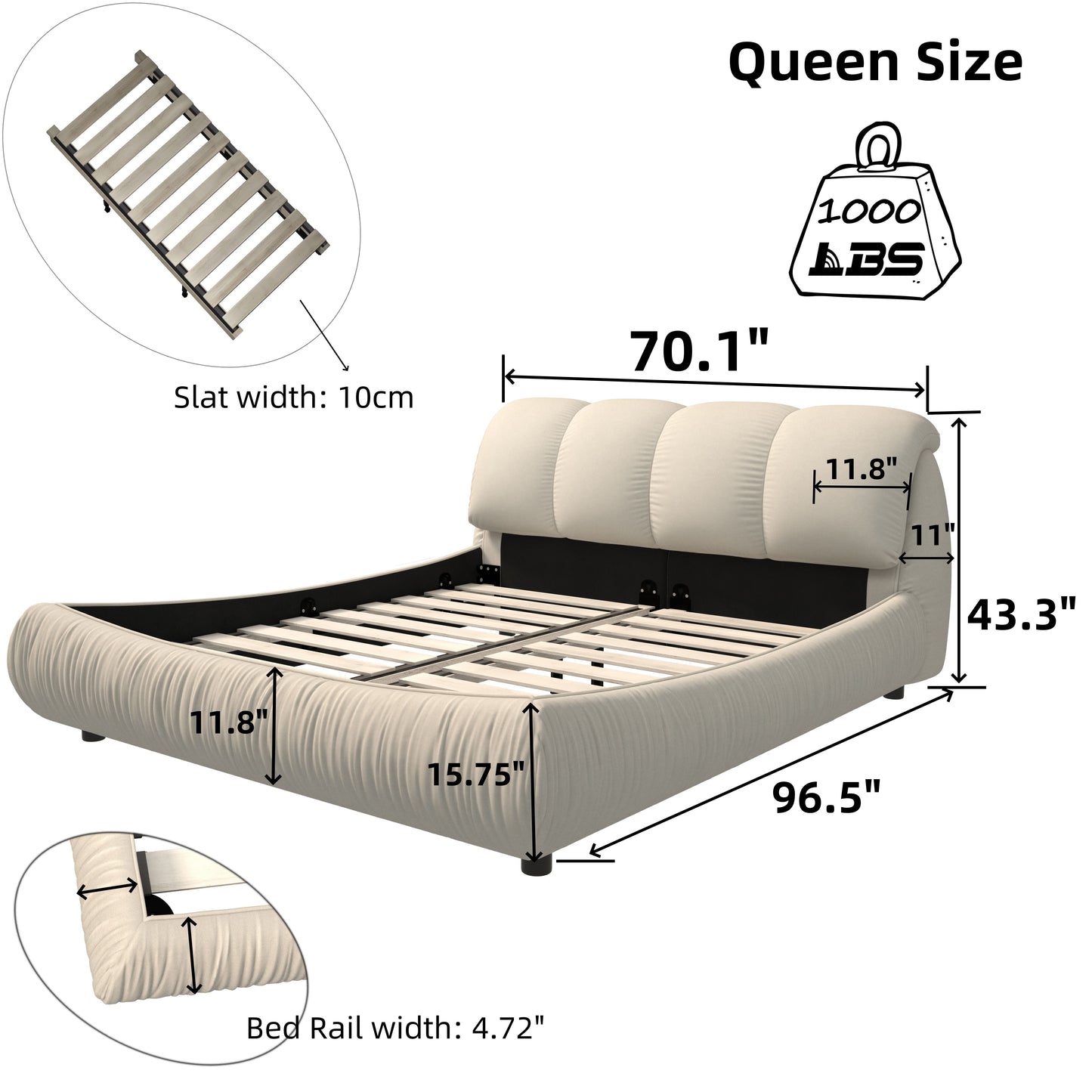 Queen Size Luxury Upholstered Platform Bed With Oversized Padded Backrest And Solid Wood Frame, Suitable For Multiple Heights Of Mattresses - Beige