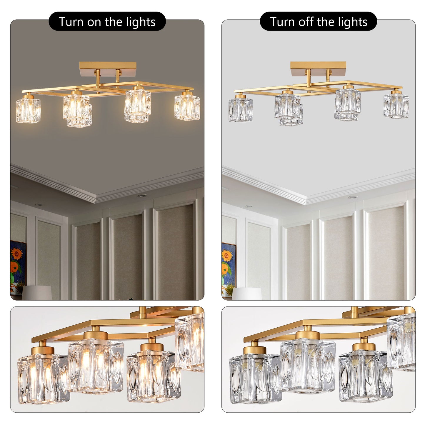 6 Light Crystal Ceiling Light For Dining Room, Modern Ceiling Lamp With Light Fixture For Entryway, Lobby, Kitchen, Bedroom, Living Room, Conference Room, (6*G9 Bulbs Included) - Gold