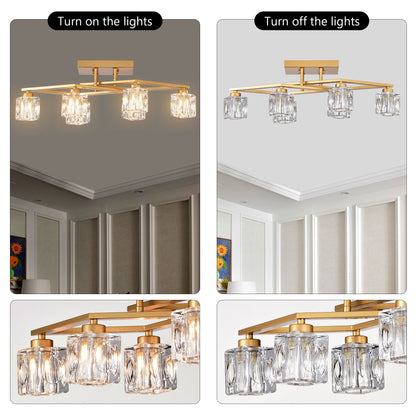 6 Light Crystal Ceiling Light For Dining Room, Modern Ceiling Lamp With Light Fixture For Entryway, Lobby, Kitchen, Bedroom, Living Room, Conference Room, (6*G9 Bulbs Included) - Gold