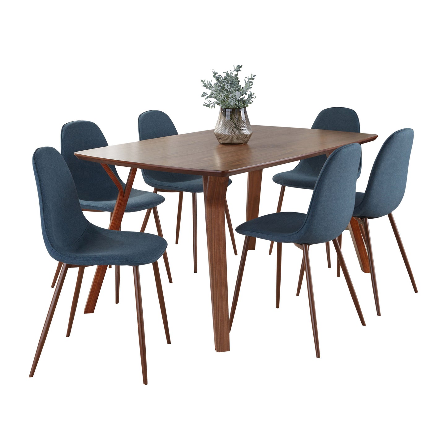 Folia Pebble - 7 Piece Mid-Century Modern Dining Set - Walnut / Blue