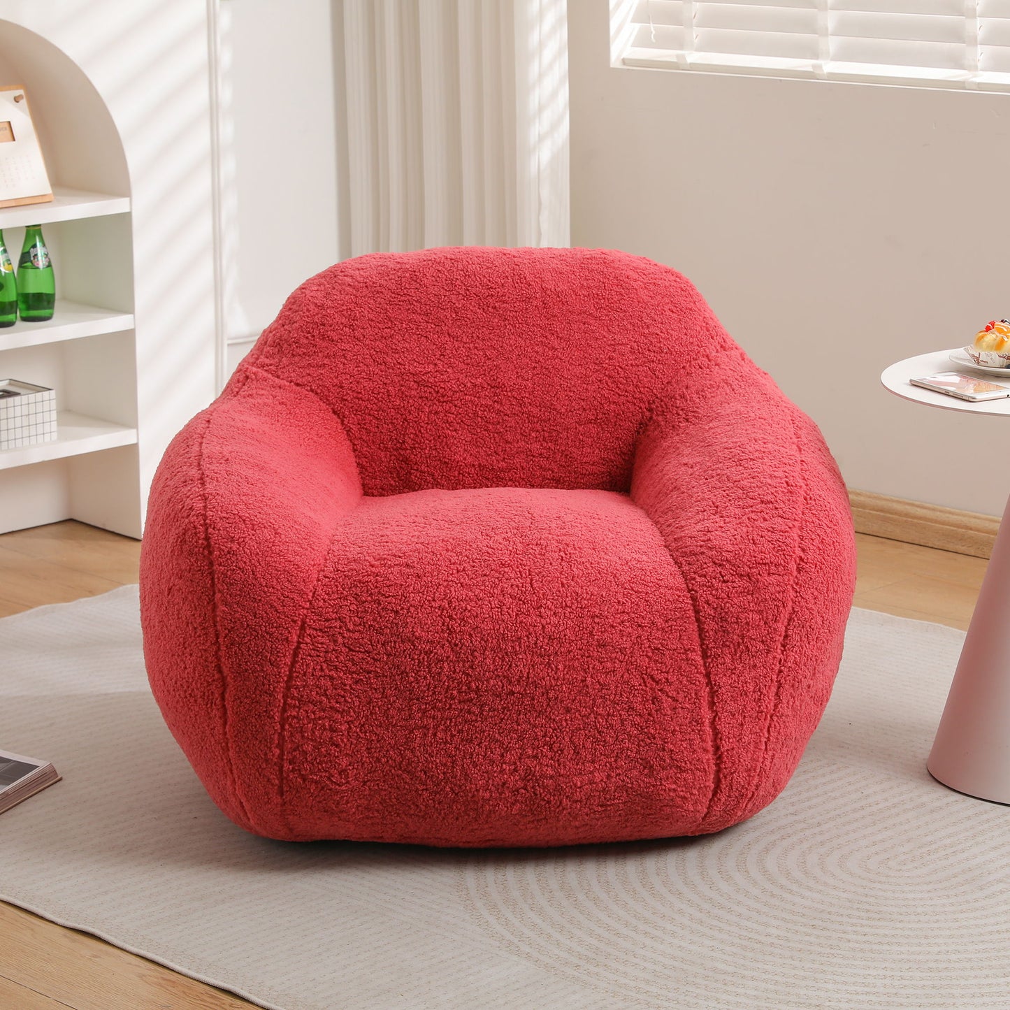 Giant Bean Bag Chair For Adults, Spacious Memory Foam Bean Bag Sofa With Armrests Teddy Fabric, Comfy Seating For Living Room Or Bedroom - Pink