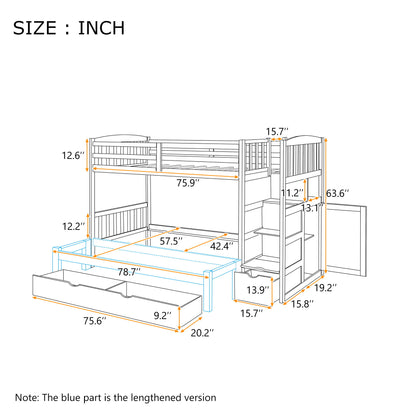 Twin Over Full / Twin Bunk Bed, Convertible Bottom Bed, Storage Shelves And Drawers - Gray