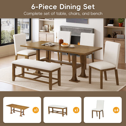 Topmax - 6 Piece Farmhouse Extendable Dining Table Set Trestle Kitchen Table Set With Removable Leaf And Upholstered Dining Chair And Bench For Dining Room - Dark Brown