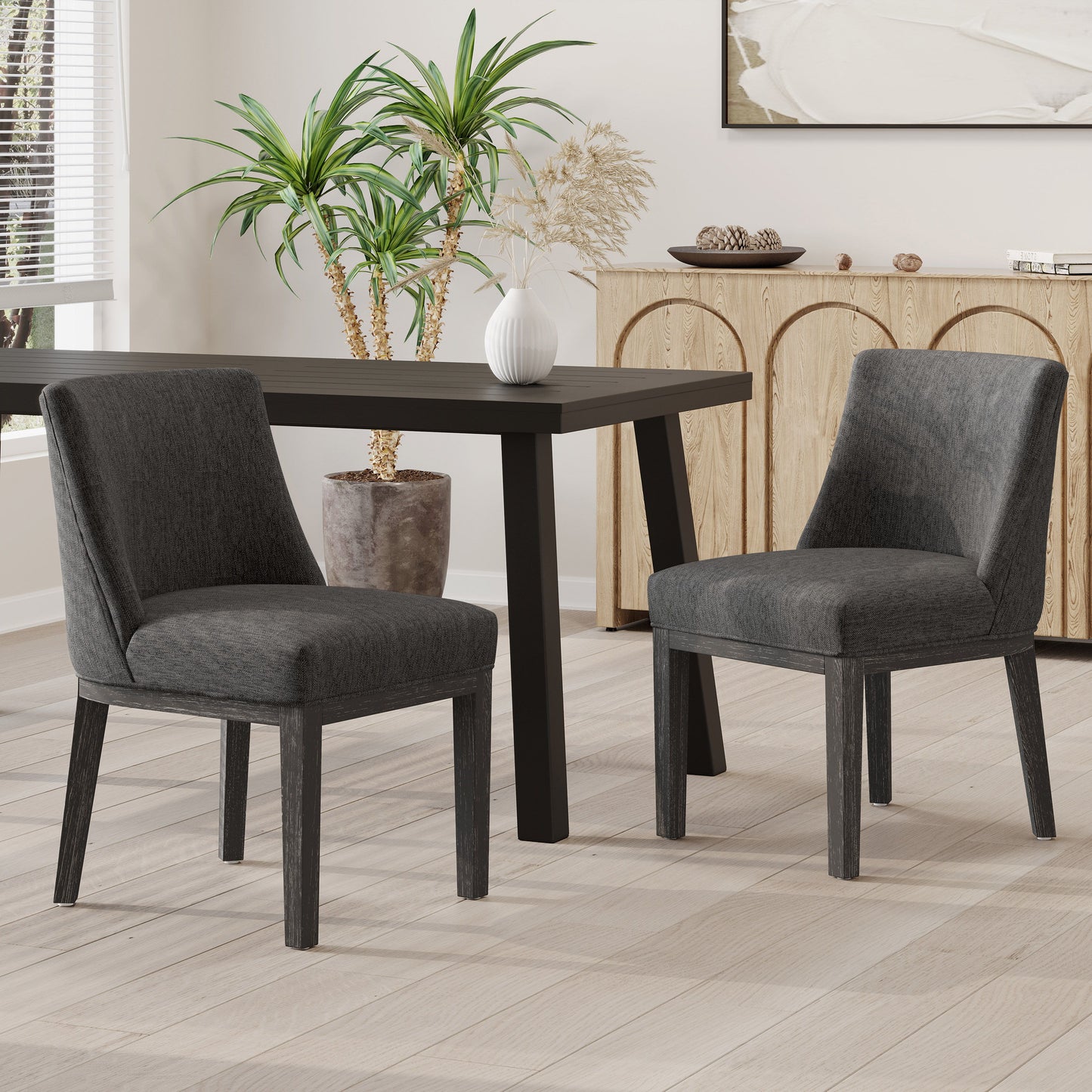 Modern Rustic Dining Chair (Set of 2) With Solid Wood Frame - Charcoal