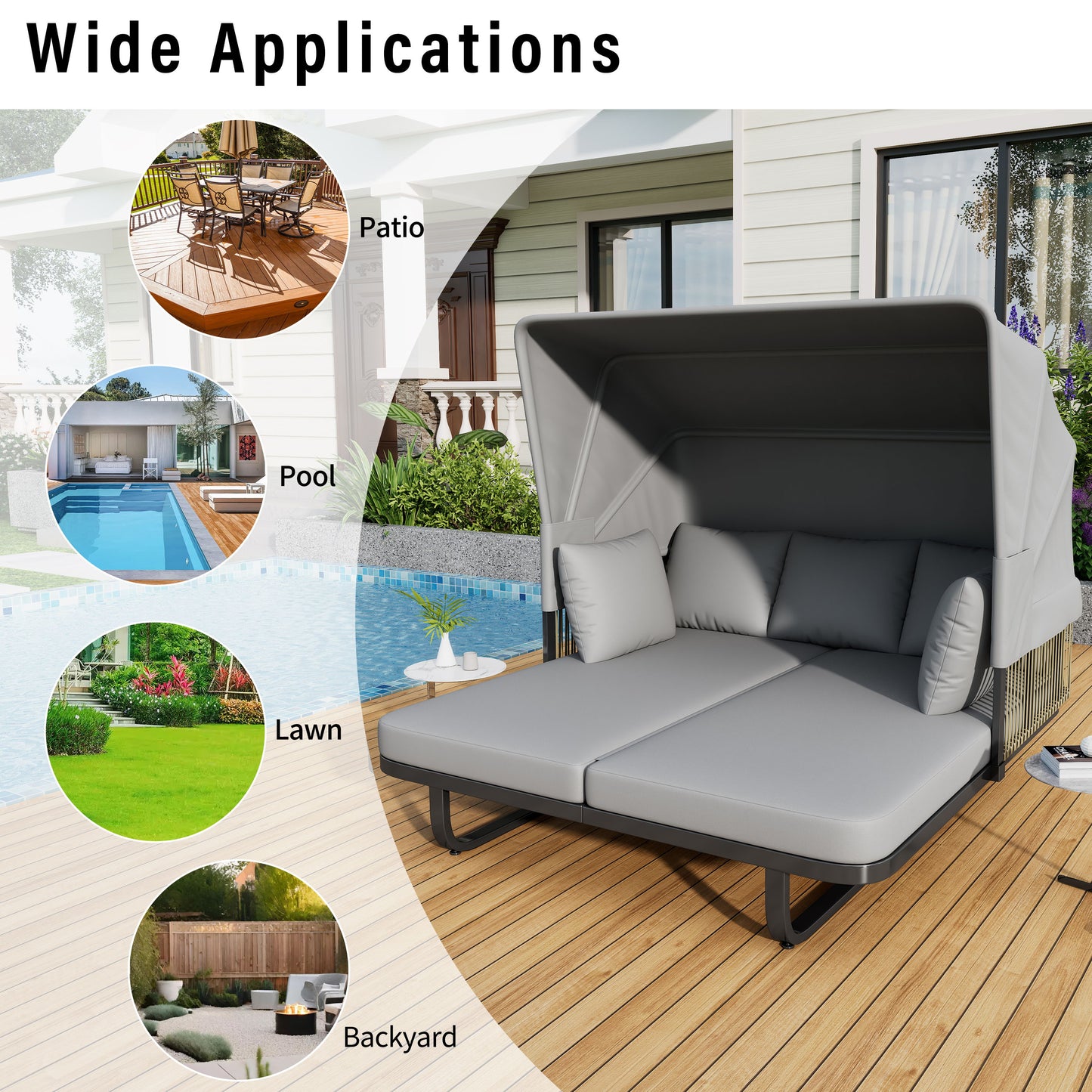 Outdoor Patio Daybed Rattan Daybed Outdoor Sunbed With Detachable Pillows For Patio, Backyard, Pool - Gray