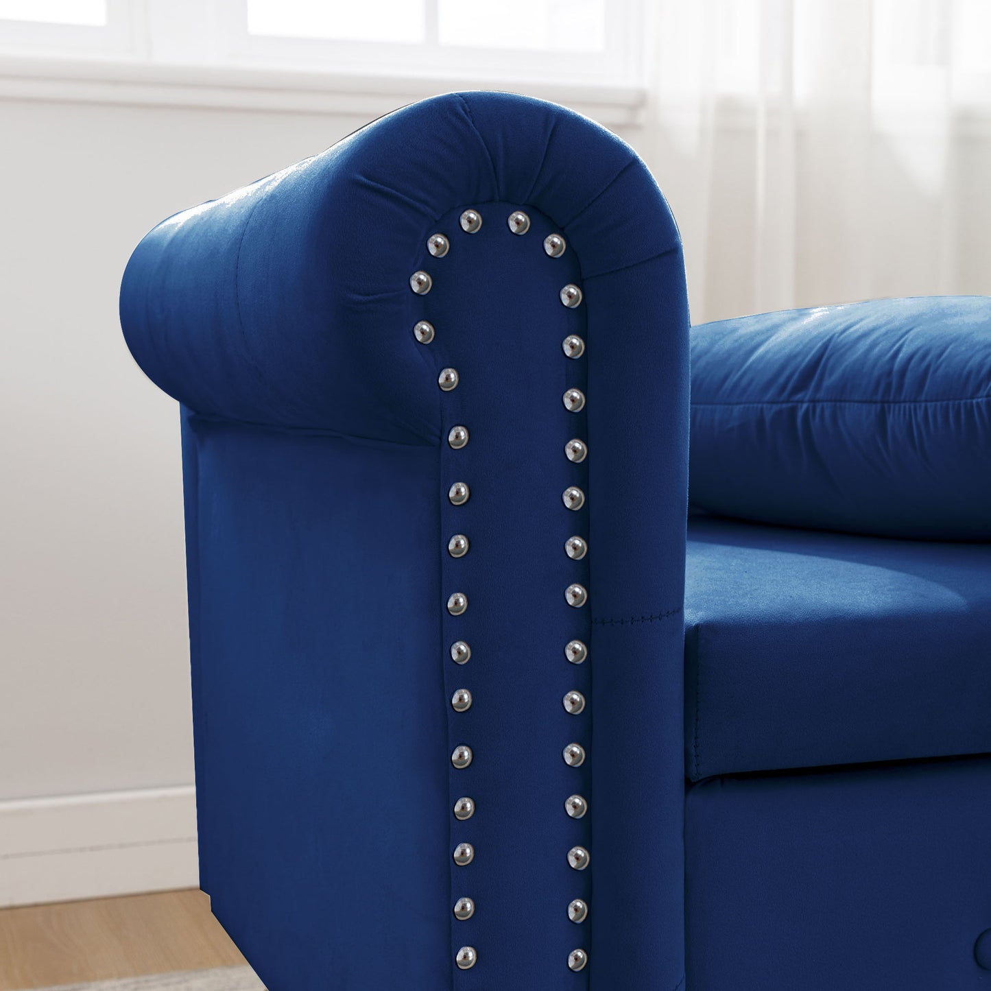 Chaise Lounge Indoor, Velvet Lounge Chair For Bedroom With Storage & Pillow, Modern Upholstered Rolled Arm Chase Lounge For Sleeping With Nailhead Trim For Living Room Bedroom Office - Navy Blue