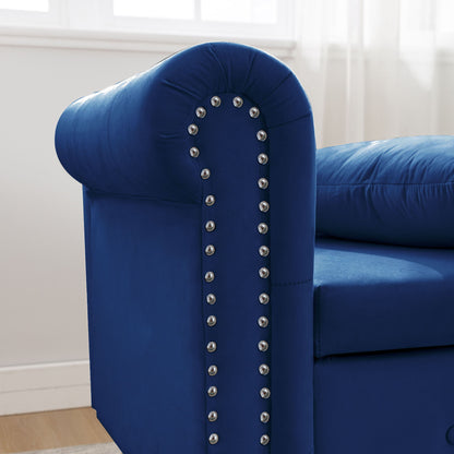 Chaise Lounge Indoor, Velvet Lounge Chair For Bedroom With Storage & Pillow, Modern Upholstered Rolled Arm Chase Lounge For Sleeping With Nailhead Trim For Living Room Bedroom Office - Navy Blue