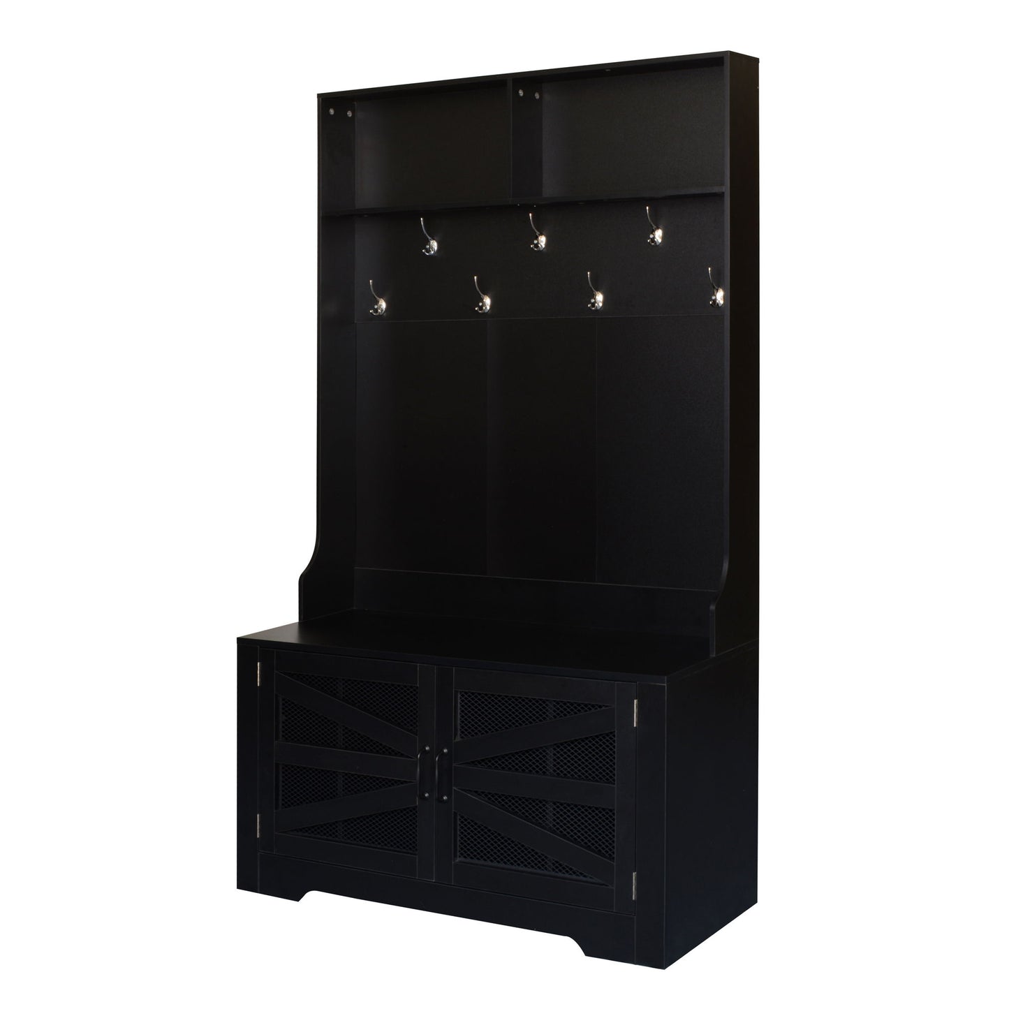 Entryway Bench With Coat Rack, 3 In 1 Design And Adjustable Shelves, Hall Tree With 7 Hooks For Entrance, Living Room - Black
