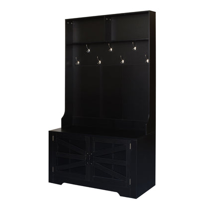 Entryway Bench With Coat Rack, 3 In 1 Design And Adjustable Shelves, Hall Tree With 7 Hooks For Entrance, Living Room - Black