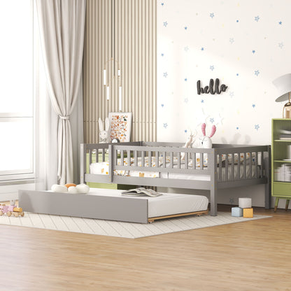 Twin Size Daybed With Trundle And Fence Guardrails - Gray