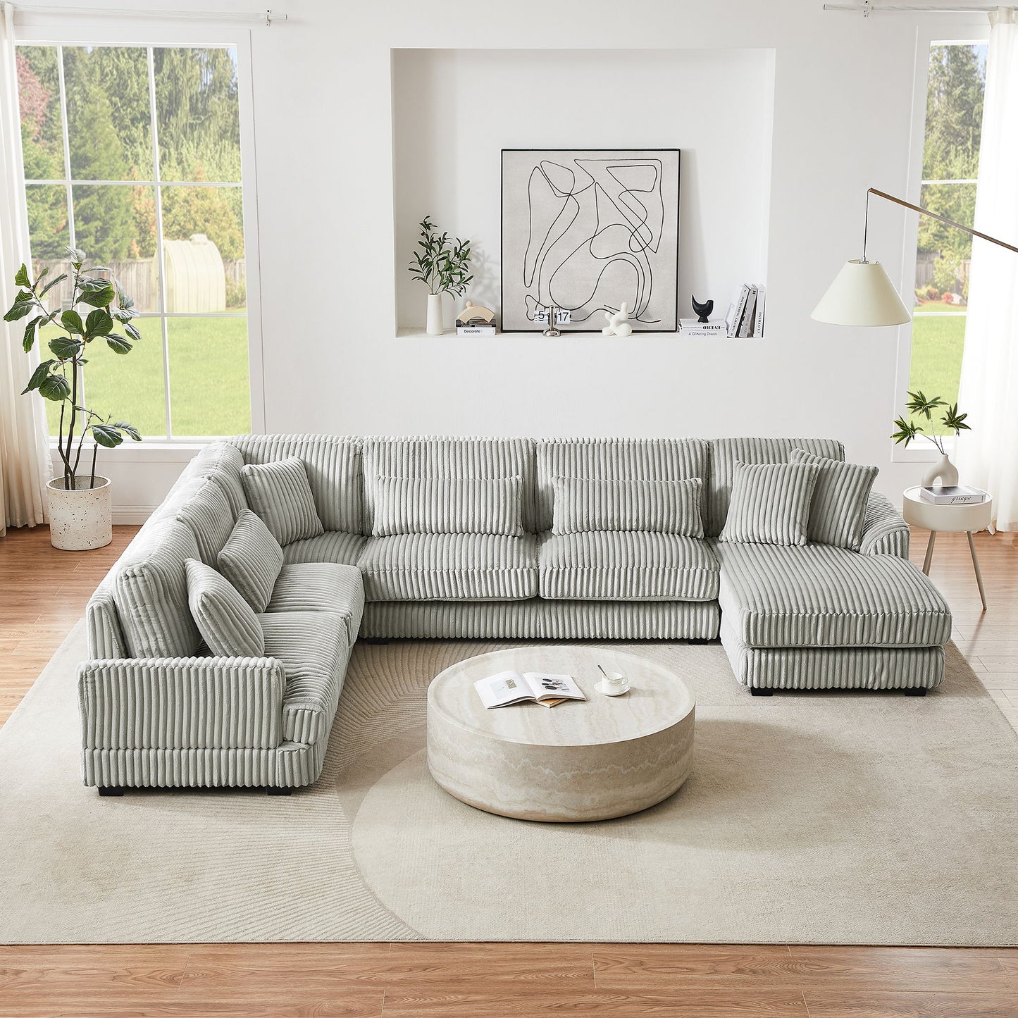 Oversized Sectional Sofa U - Shaped Sofa Couch Modern Sofa Upholstered In Soft Corduroy With A Chaise Lounge For Living Room - Gray