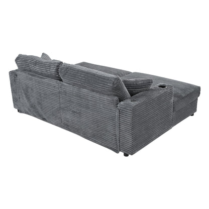 Oversized Loveseat Chaise Lounge Sectional Sofa Bed Corduroy Sleeper Sofa With 2 USB Ports, 2 Cup Holders And 2 Throw Pillows For Living Room And Bedroom - Dark Gray