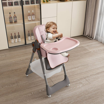 Adjustable Baby High Chair 0 - 6 Years, Portable Infant Feeding Seat With Safety Belt, Silent Lockable Wheels - Pink