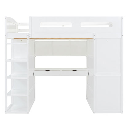 Full Size Loft Bed With Desk, Wardrobes, 4 Drawers And 4 Shelves - White