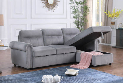 Ashton - Velvet Fabric Reversible Sleeper Sectional Sofa Chaise - Gray