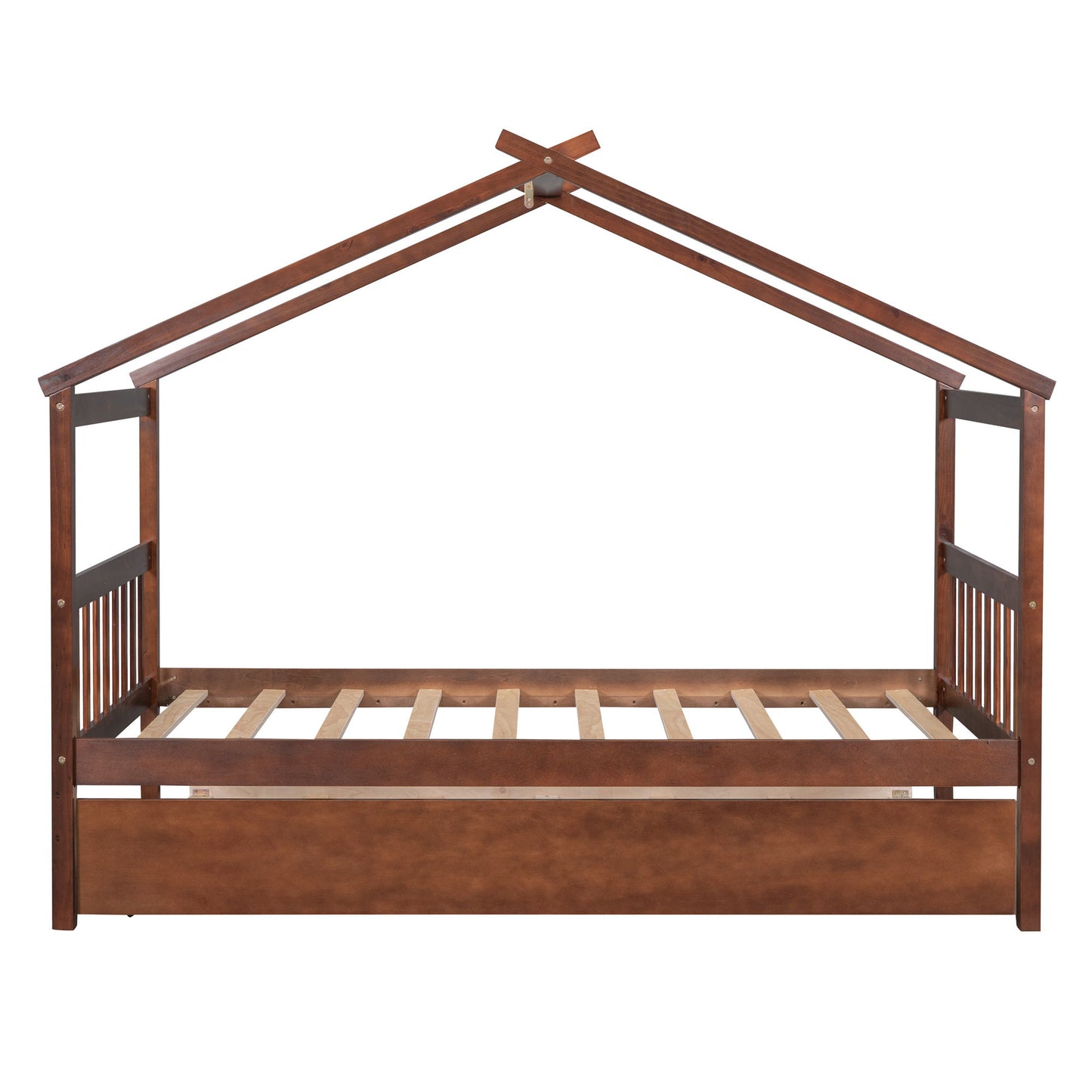 Twin Size House Bed With Twin Size Trundle - Walnut