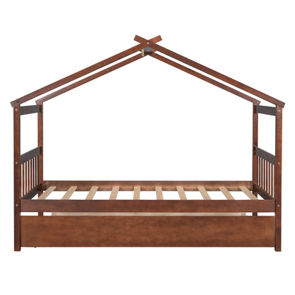 Twin Size House Bed With Twin Size Trundle - Walnut