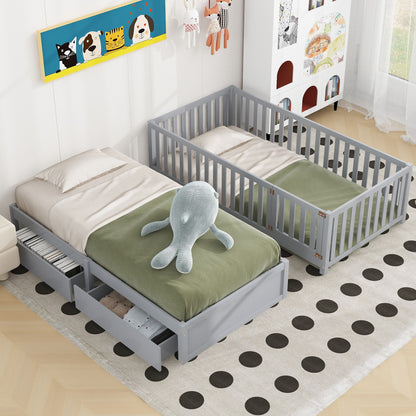 Twin Size Daybed With Fence Guardrails And 2 Drawers, Split Into Independent Floor Bed & Daybed - Gray