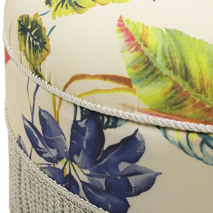 Yolanda - Tropical Floral Round Upholstered Accent Ottoman - Beige / Ivory