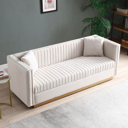 Contemporary Vertical Channel Tufted Sofa Modern Upholstered Couch For Living Room With 2 Pillows - Beige