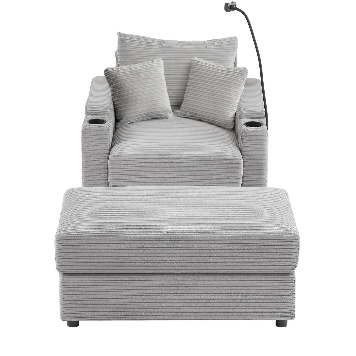 Modern Style Single Sofa Sofa Couch With Storage Space, A Movable Ottoman, Two USB Ports, Two Cup Holders, A Phone Holder For Living Room - Gray