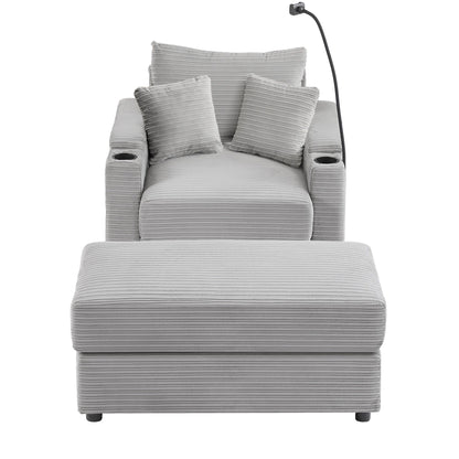 Modern Style Single Sofa Sofa Couch With Storage Space, A Movable Ottoman, Two USB Ports, Two Cup Holders, A Phone Holder For Living Room - Gray