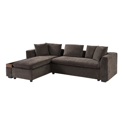 Elegant L Shaped Sectional Sofa With Chenille Upholstery And Wooden Storage Compartment - Brown