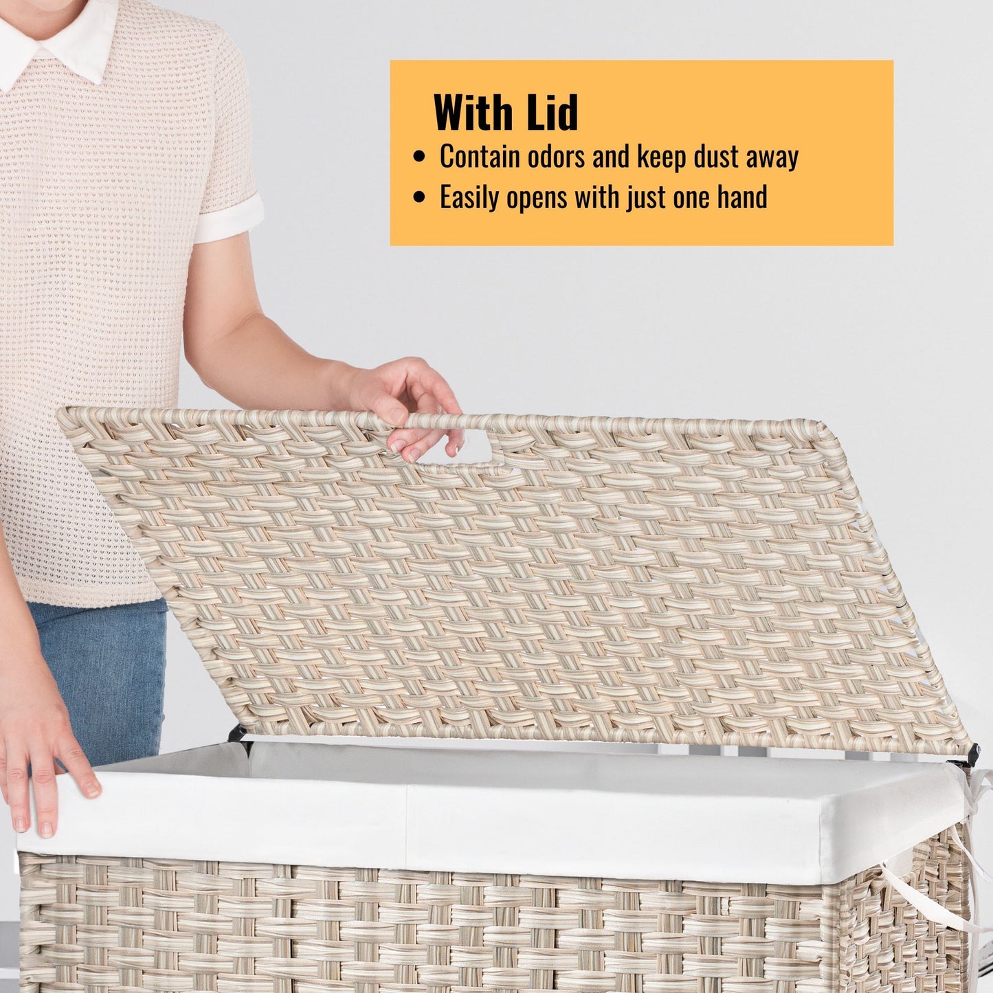 Laundry Hamper With Lid PE Rattan Powder Coating Frame Clothes Hampers With 2 Removable Bags, Wheels, 160L - Gray