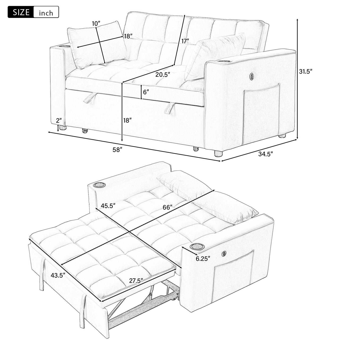 Multi Functional Sofa Bed With Cup Holder And USB Port For Living Room Or Apartments - Milk White