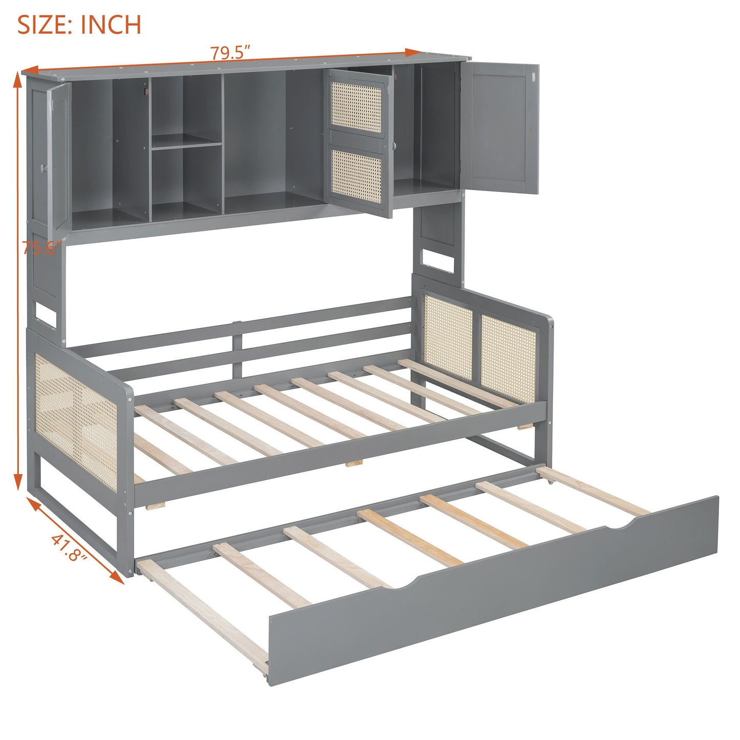 Twin Size Wooden Daybed With Twin Size Trundle, And All In One Cabinet And Shelf - Gray