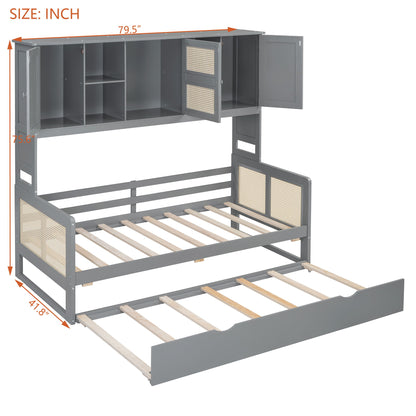 Twin Size Wooden Daybed With Twin Size Trundle, And All In One Cabinet And Shelf - Gray