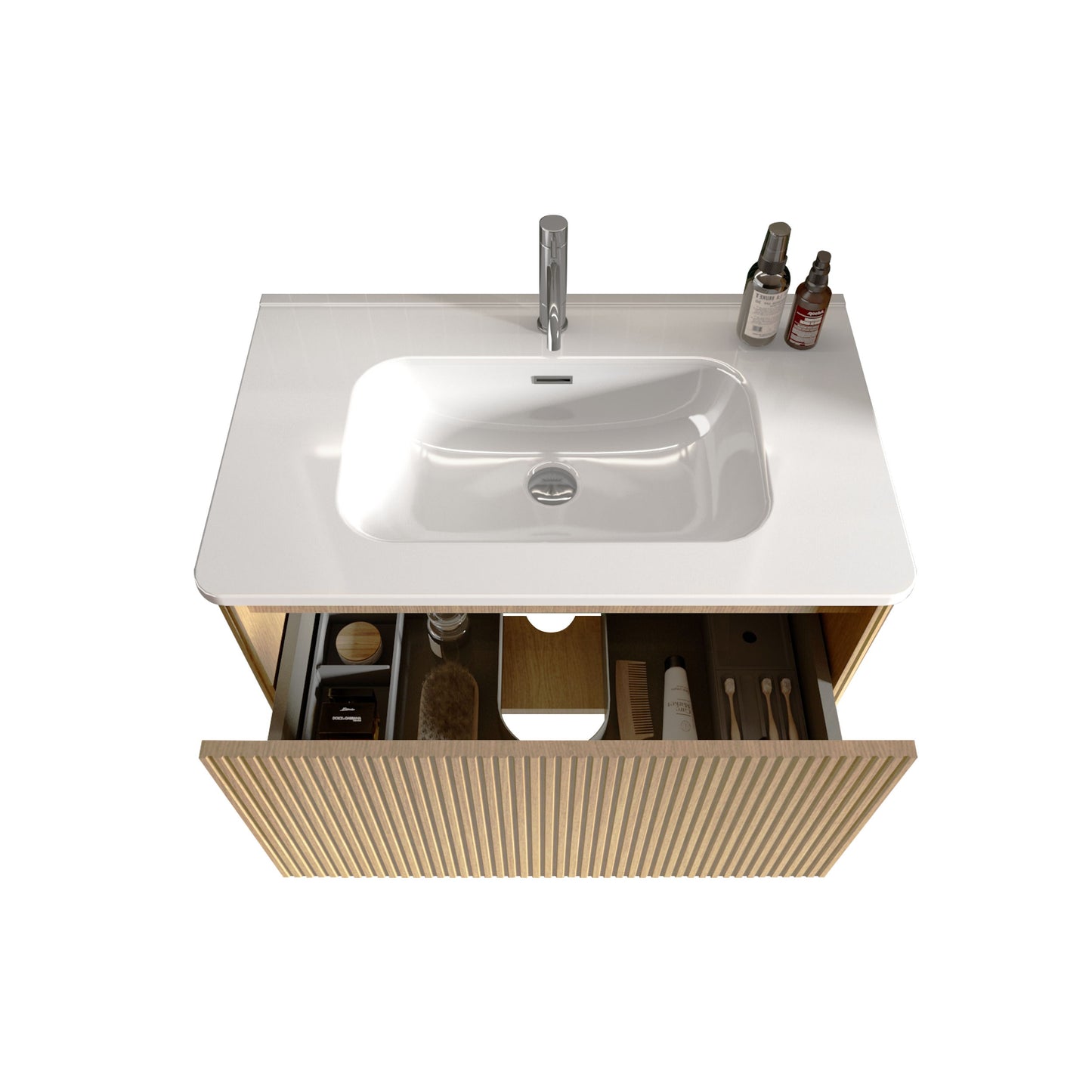 Etna - Striped Natural Oak Bathroom Vanity With White Ceramic Sink, Wall Mounted Floating Bathroom Vanity For Modern Bathroom, One-Piece White Basin Without Drain - White / Oak