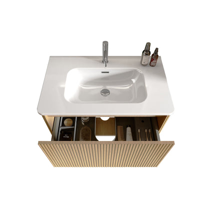 Etna - Striped Natural Oak Bathroom Vanity With White Ceramic Sink, Wall Mounted Floating Bathroom Vanity For Modern Bathroom, One-Piece White Basin Without Drain - White / Oak