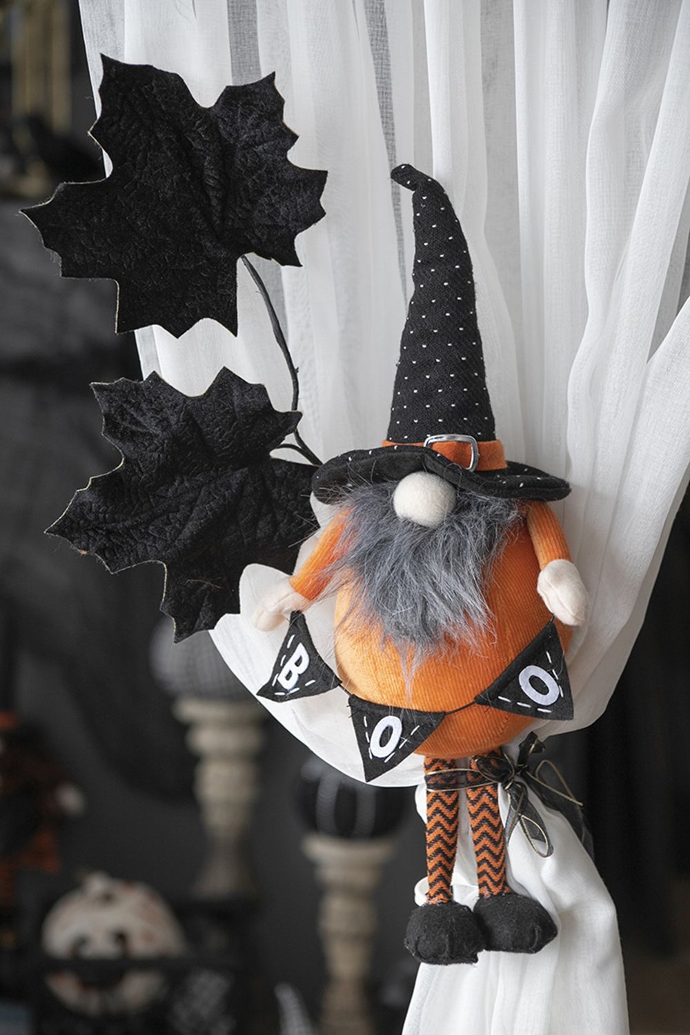 Standing Gnome With Gnome & Holding Banner, For Halloween Decor - Black / Orange / White