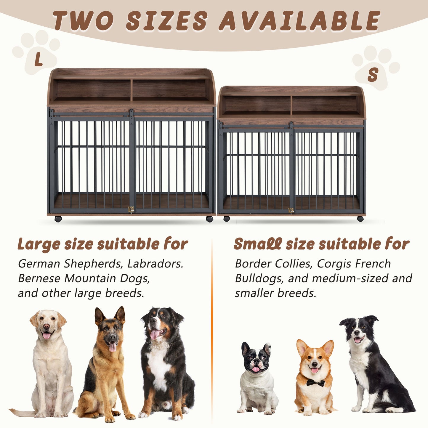 Heavy Duty Large Dog Crate Furniture For Large Medium Dog With Lockable Wheels, Wooden Dog Crate Dog Kennel, End Table Crate With Double Layer Storage - Brown