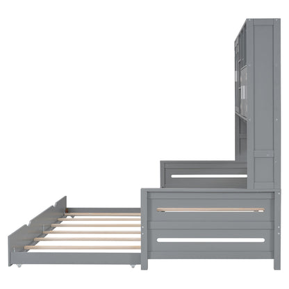 Twin Size Daybed With Twin Size Trundle, And All In One Cabinet And Shelf - Gray