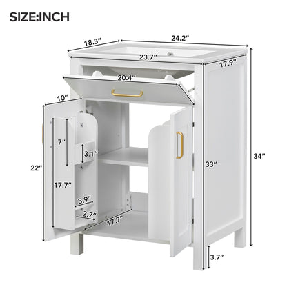 Bathroom Vanity Combo With Ceramic Sink, Luxurious Space-Saving Vanity, 2 Soft-Close Doors - Gold / White