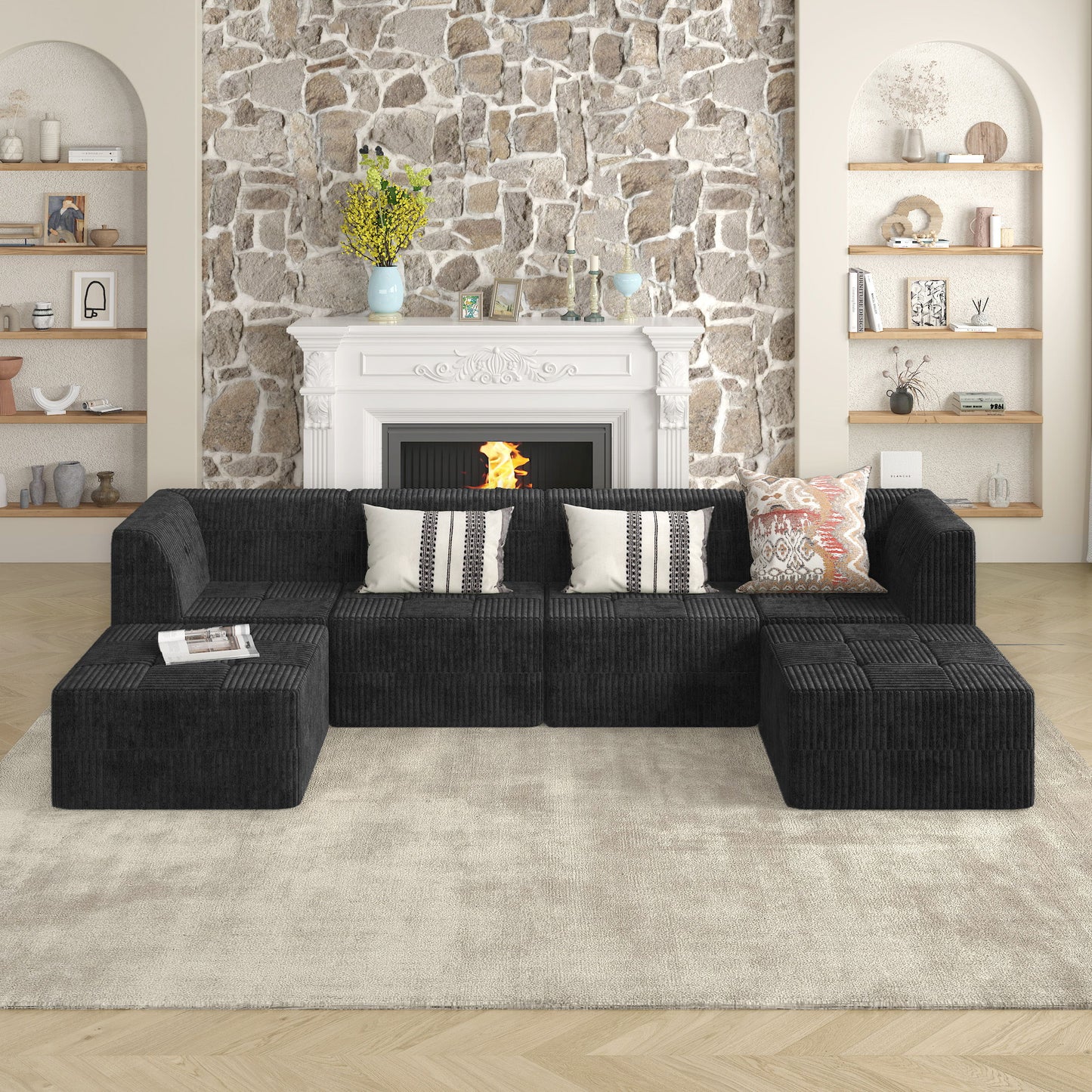 Modern Minimalist Corduroy Sleeper Sofa Compressed Sectional Single Seat Foam Filled - Black