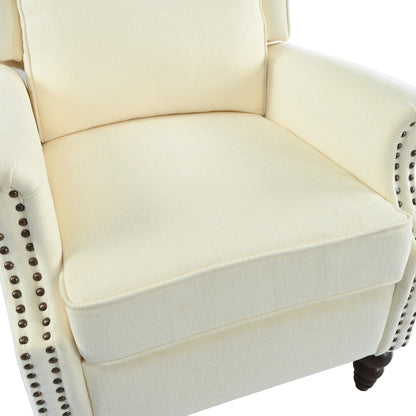 Push Back Recliner Chair Upholstered With Classic Wing Back And Solid Gourd-Shaped Legs For Living Room - Beige