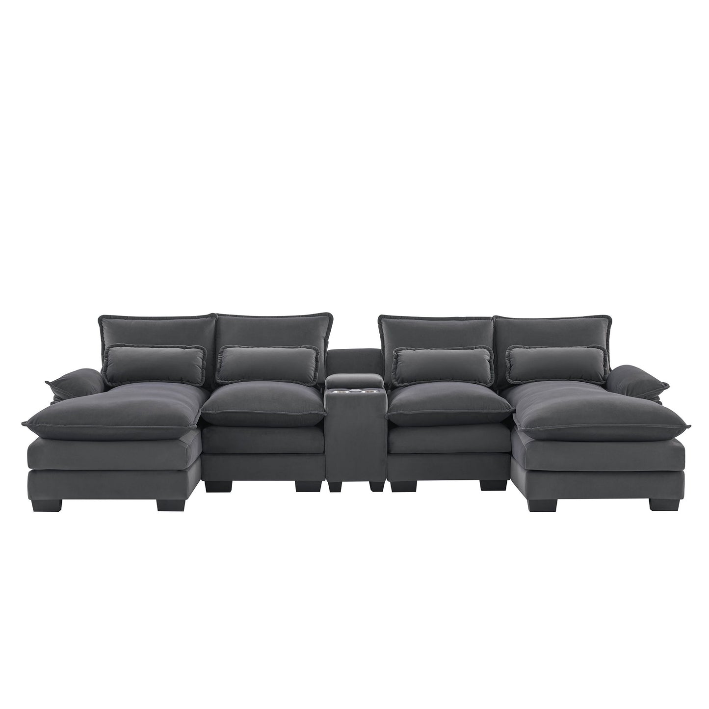 Modern U Shaped Sofa With Console, Cupholders And USB Ports, 6 Seat Upholstered Symmetrical Indoor Furniture, Sleeper Couch Set With Chaise - Gray