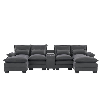 Modern U Shaped Sofa With Console, Cupholders And USB Ports, 6 Seat Upholstered Symmetrical Indoor Furniture, Sleeper Couch Set With Chaise - Gray