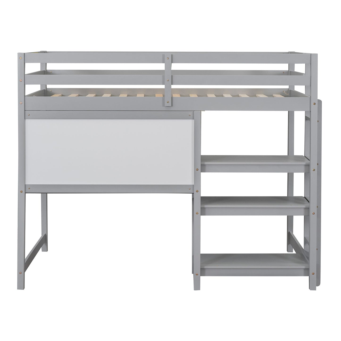 Twin Size Loft Bed With Shelves, Desk And Writing Board - Gray
