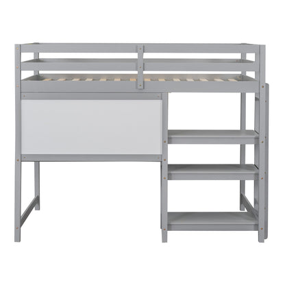 Twin Size Loft Bed With Shelves, Desk And Writing Board - Gray