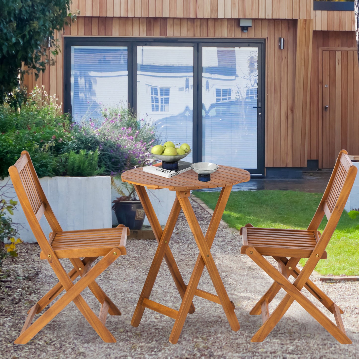 3 Piece Acacia Bistro Set, Folding Patio Furniture For Garden Backyard Balcony Porch With 1 Coffee Table And 2 Foldable Chairs - Light Brown