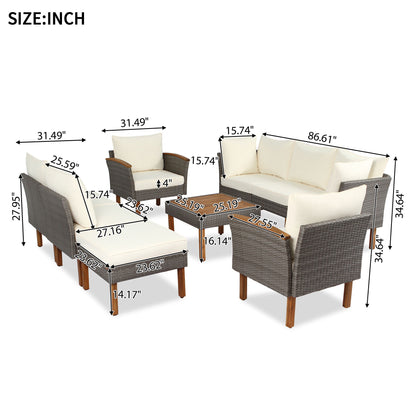 9 Piece Patio Rattan Furniture Set, Outdoor Conversation Set With Acacia Wood Legs And Tabletop, PE Rattan Sectional Sofa Set With Coffee Table, Washable Cushion - Beige