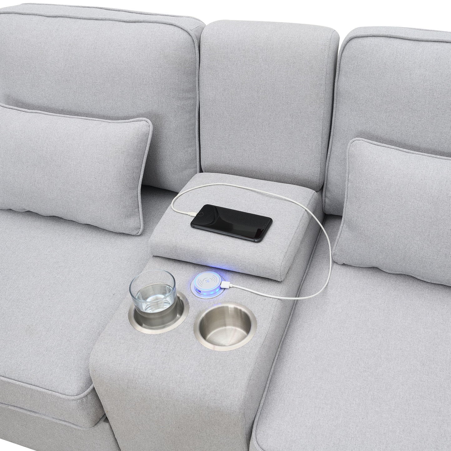 Upholstered Sofa With Console, 2 Cupholders And 2 USB Ports Wired Or Wirelessly Charged, Modern Linen Fabric Couches With 4 Pillows (4 Seat) - Light Gray