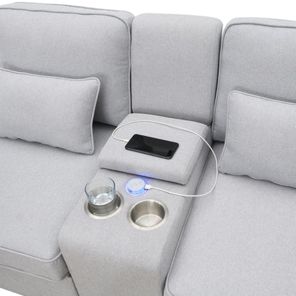 Upholstered Sofa With Console, 2 Cupholders And 2 USB Ports Wired Or Wirelessly Charged, Modern Linen Fabric Couches With 4 Pillows (4 Seat) - Light Gray